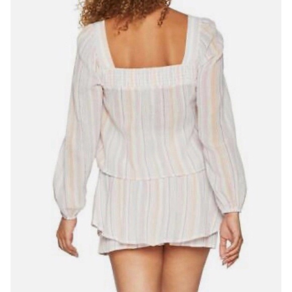 NWT BCBGeneration Womens Striped Smocked Top Shirt Sz Large Square‎ Neck Peasant - Picture 2 of 11